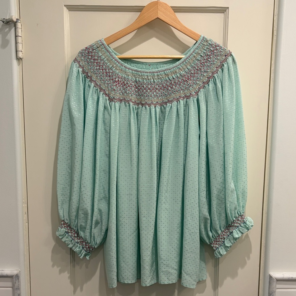 Vintage Mint Green Hand Smocked Women's Peasant Blouse
